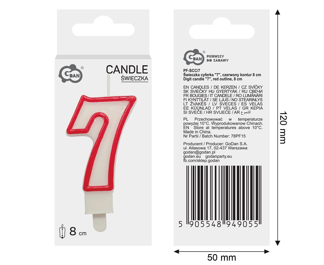Świeczka cyferka "7", czerwony kontur 8 cm